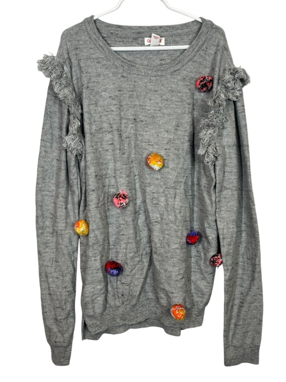Cat & Jack Girls XL 14/16 Gray Fringe Pom Pom Sweater Knit Pullover